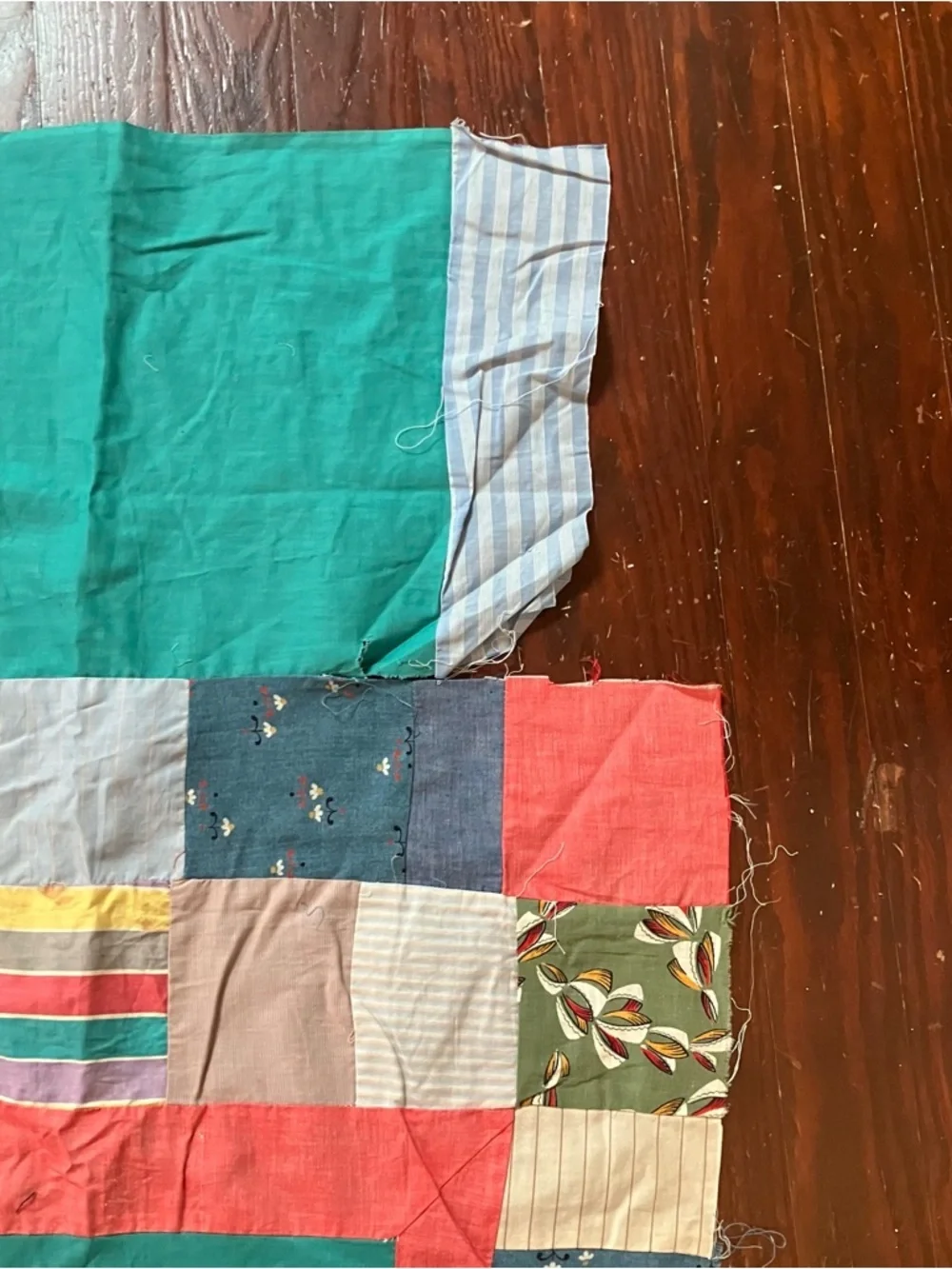 VTG Handmade Hand Pieced Stitched Scrap  57x63 Quilt Top Farmhouse Cottagecore
